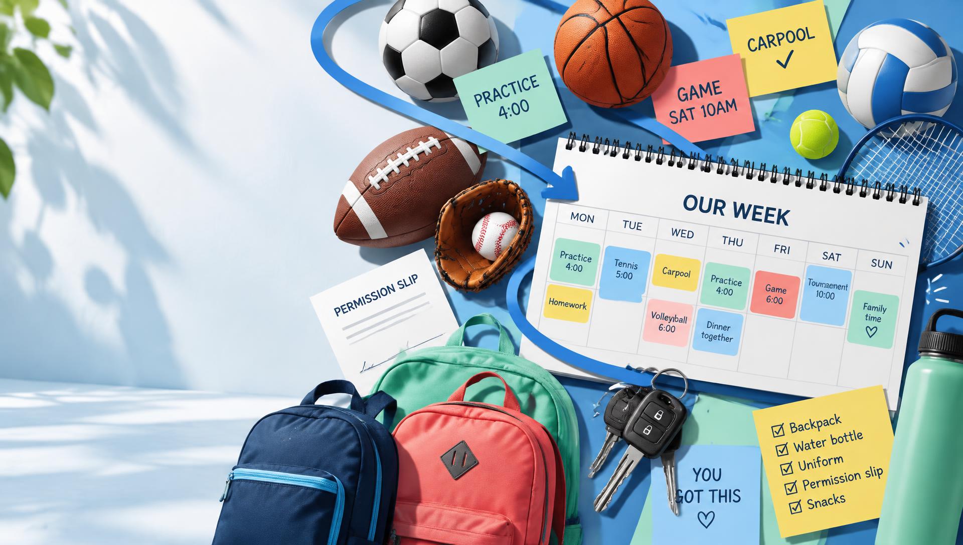 Sports equipment, backpacks, a weekly calendar, and reminder notes representing a busy family's schedule