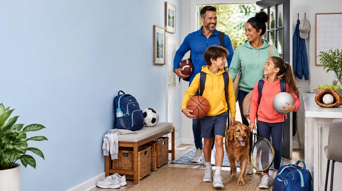 A busy family arriving home with school bags and sports equipment