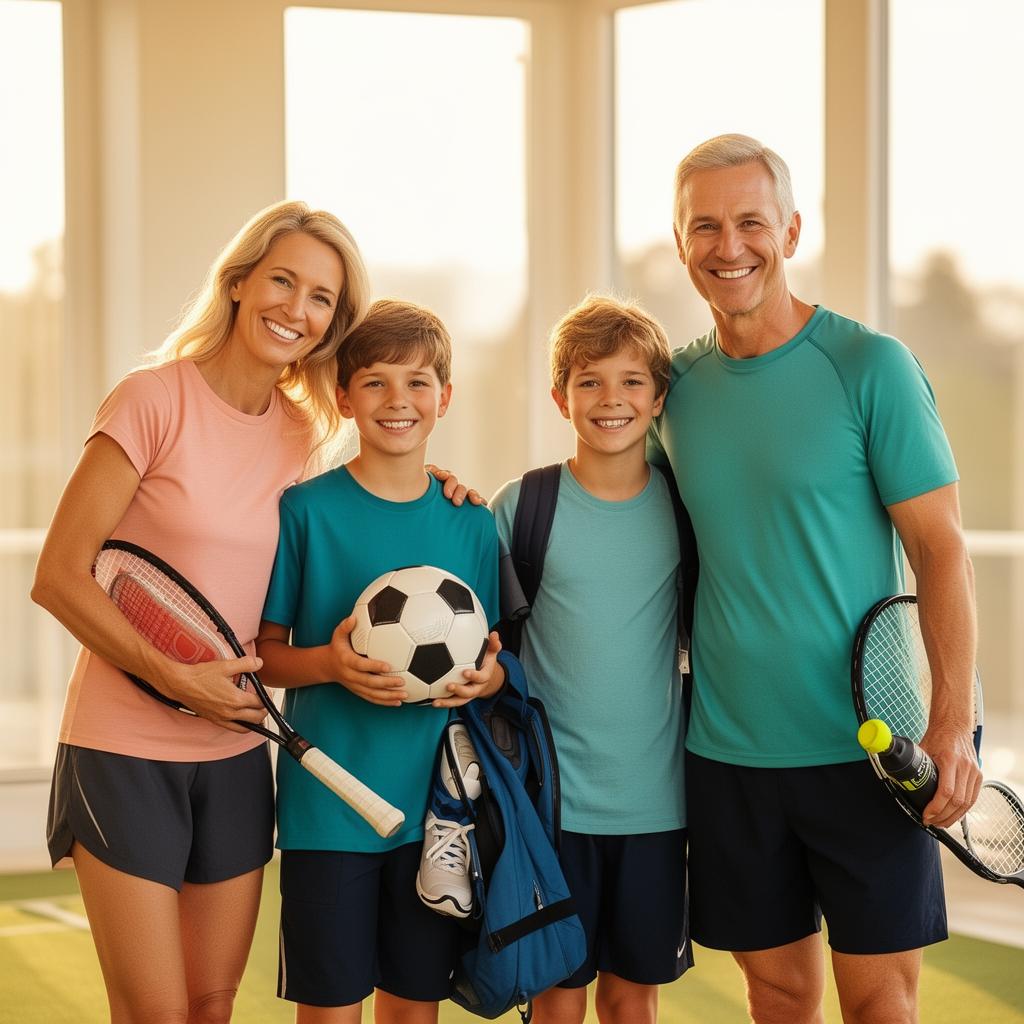 A happy, organized sports family smiling together, finally on top of their busy schedule with Family Pilot